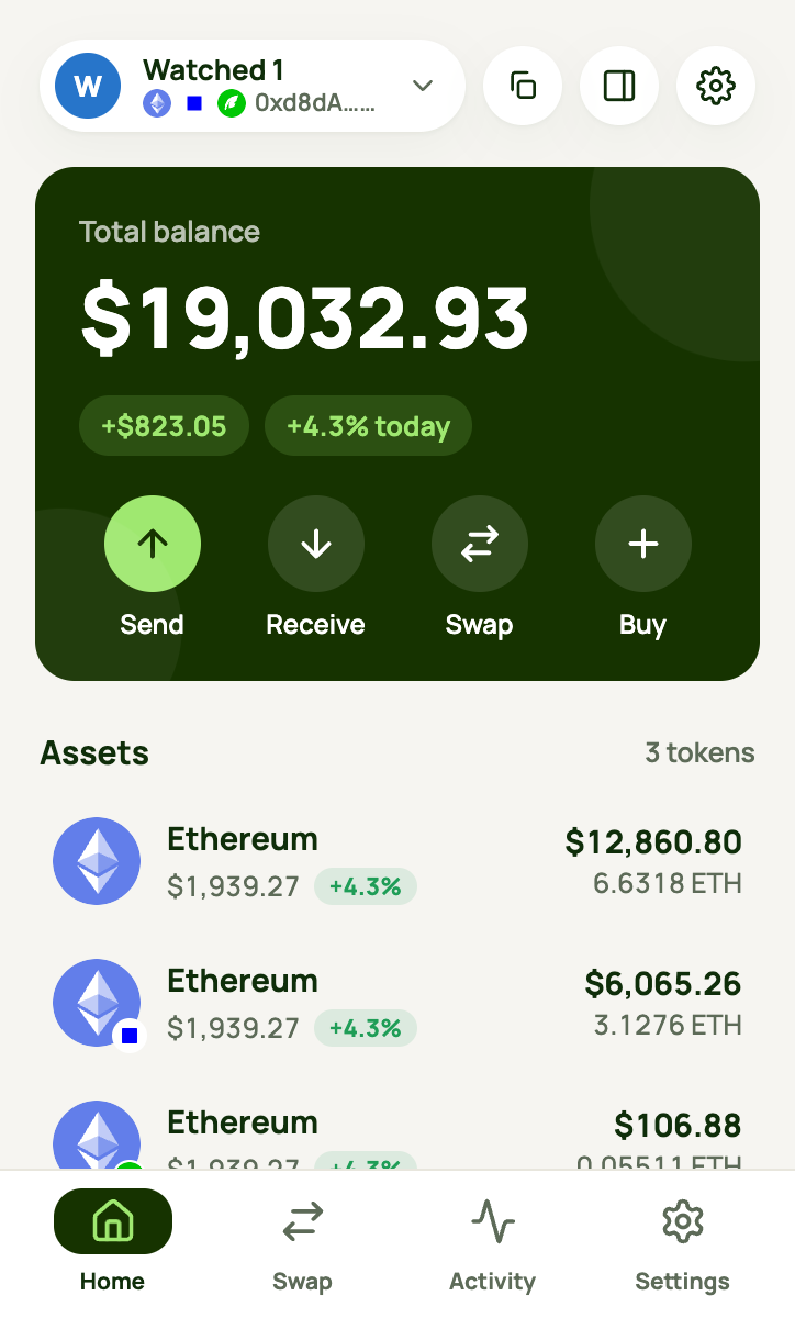 Lunar Wallet home screen showing a multichain portfolio