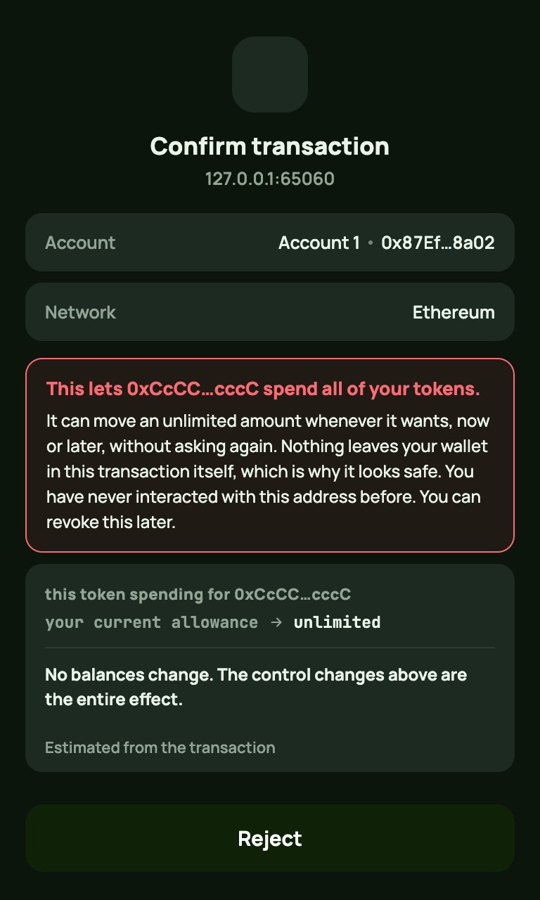 Lunar catching an unlimited token approval and explaining the drain risk