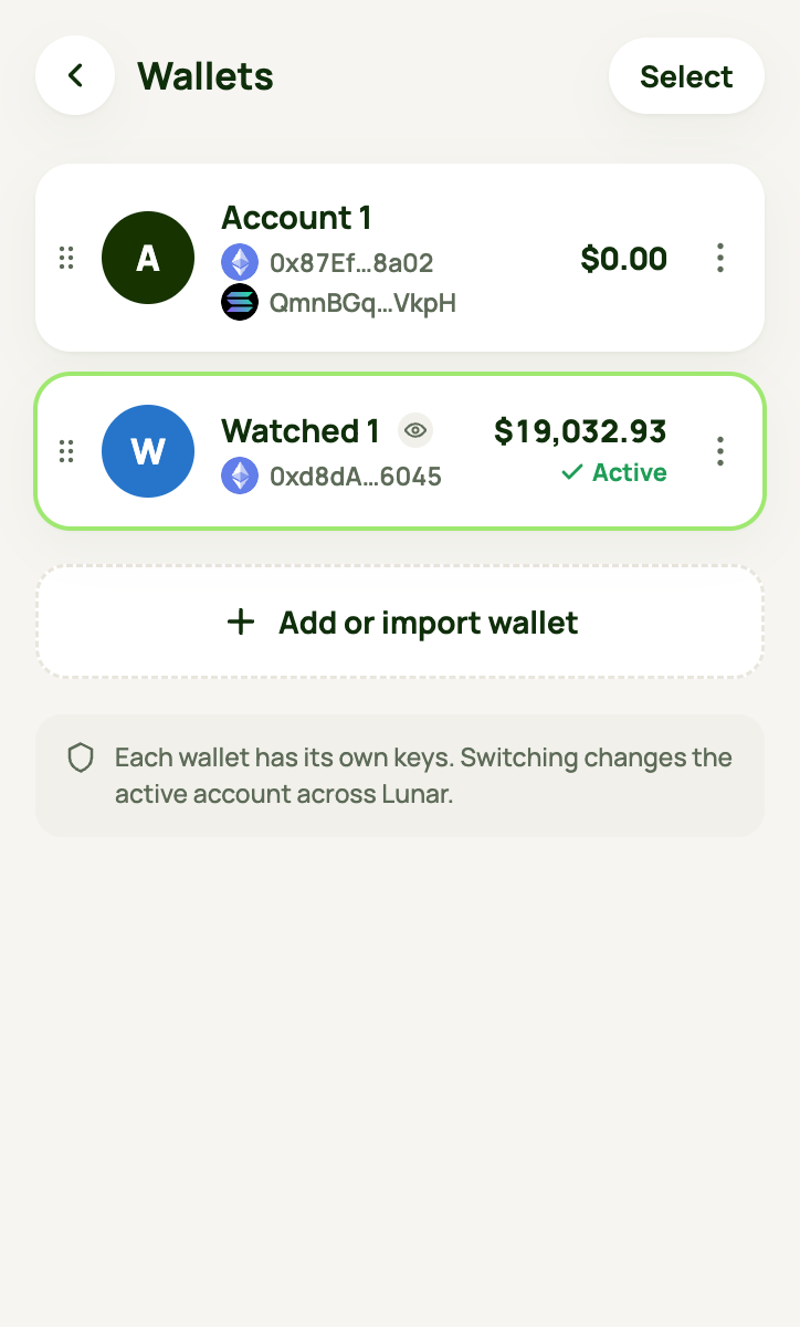 Wallets list including a watch-only wallet